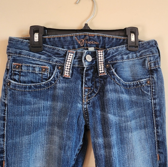 Iconic Y2K BEBE Bling Jeans LowRise Flares RhinestoneDistressedDenim Vintage S25 - Picture 2 of 6